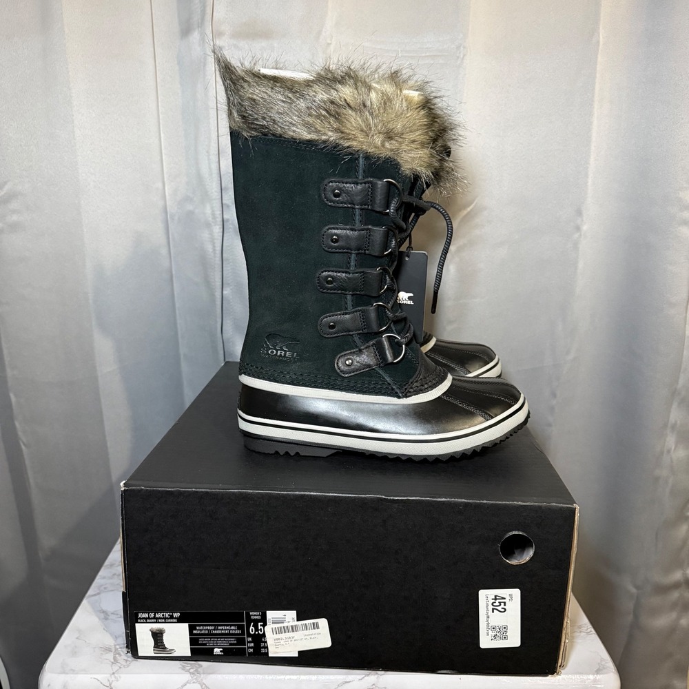 Sorel Joan of Arctic Boots Women 6.5 Black Waterproof Insulated Faux Fur Suede